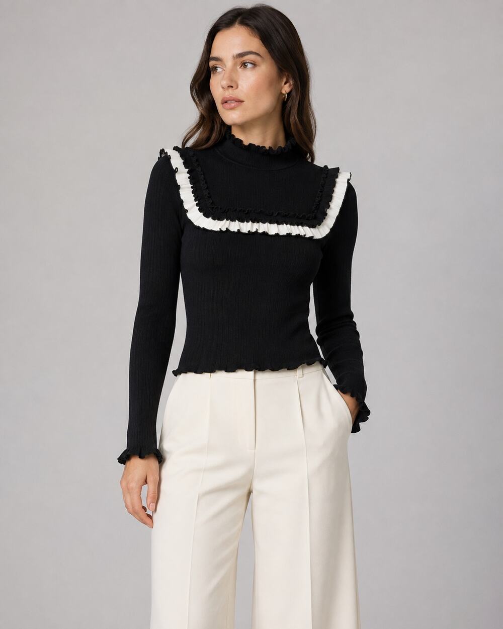Sandro Dumas Ruffle Trim Mock Neck Sweater Black White Medium
